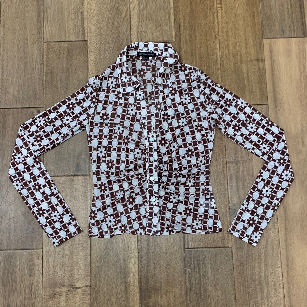 Cotton Candy Brown and White Floral Shirt Size Small